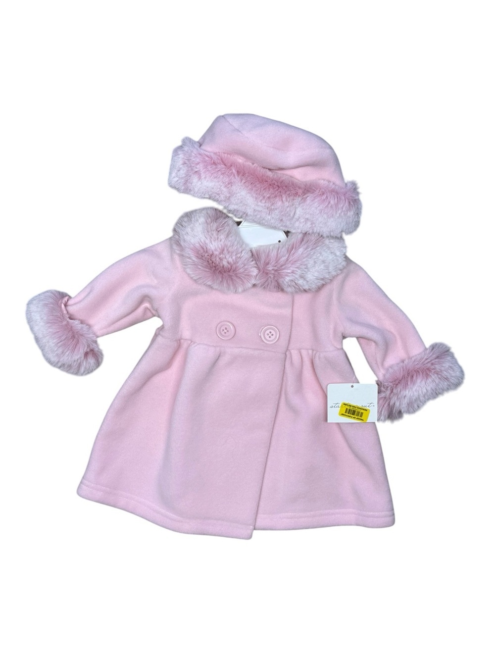 NEW Starting Out Pink Fur Trim Pea Coat + Matching Hat set 6 months NWT